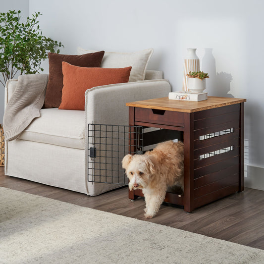 brown end table pet crate featuring a chopstick made wood top in a living room with a small dog walking out of its entry door