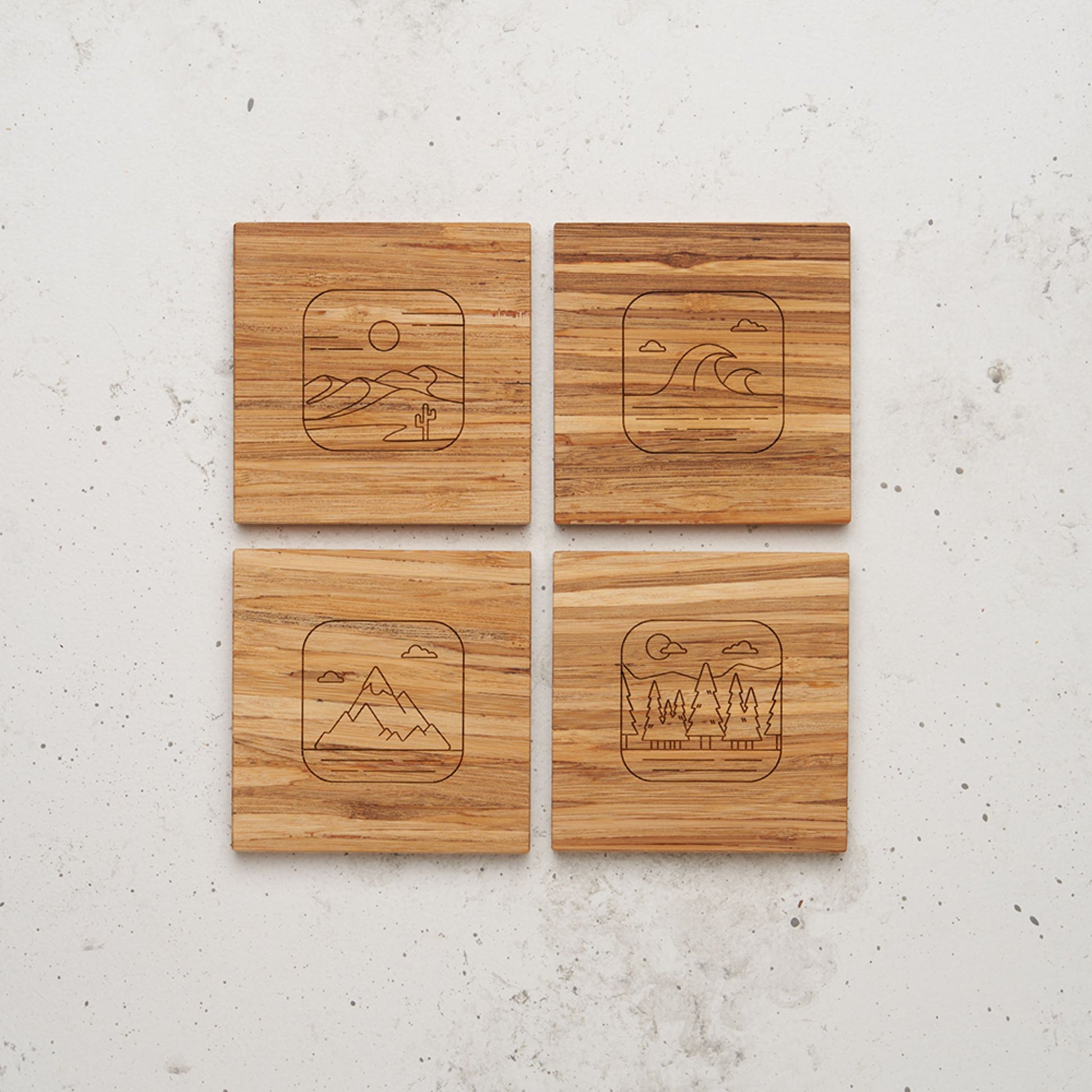 An overhead view of the entire all day every day nature themed coaster set sitting on a counter top