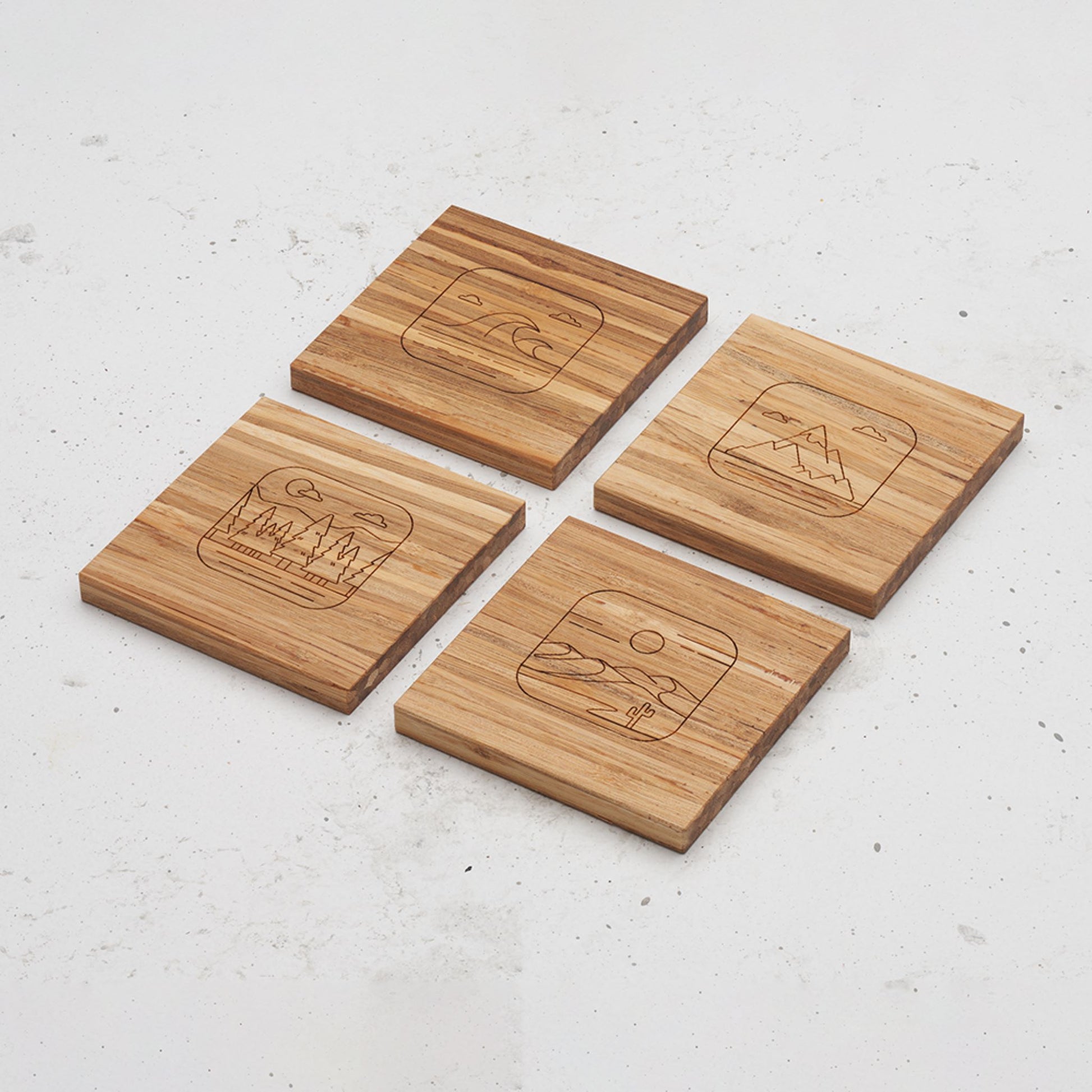 An overhead view of the entire all day every day nature themed coaster set sitting on a counter top