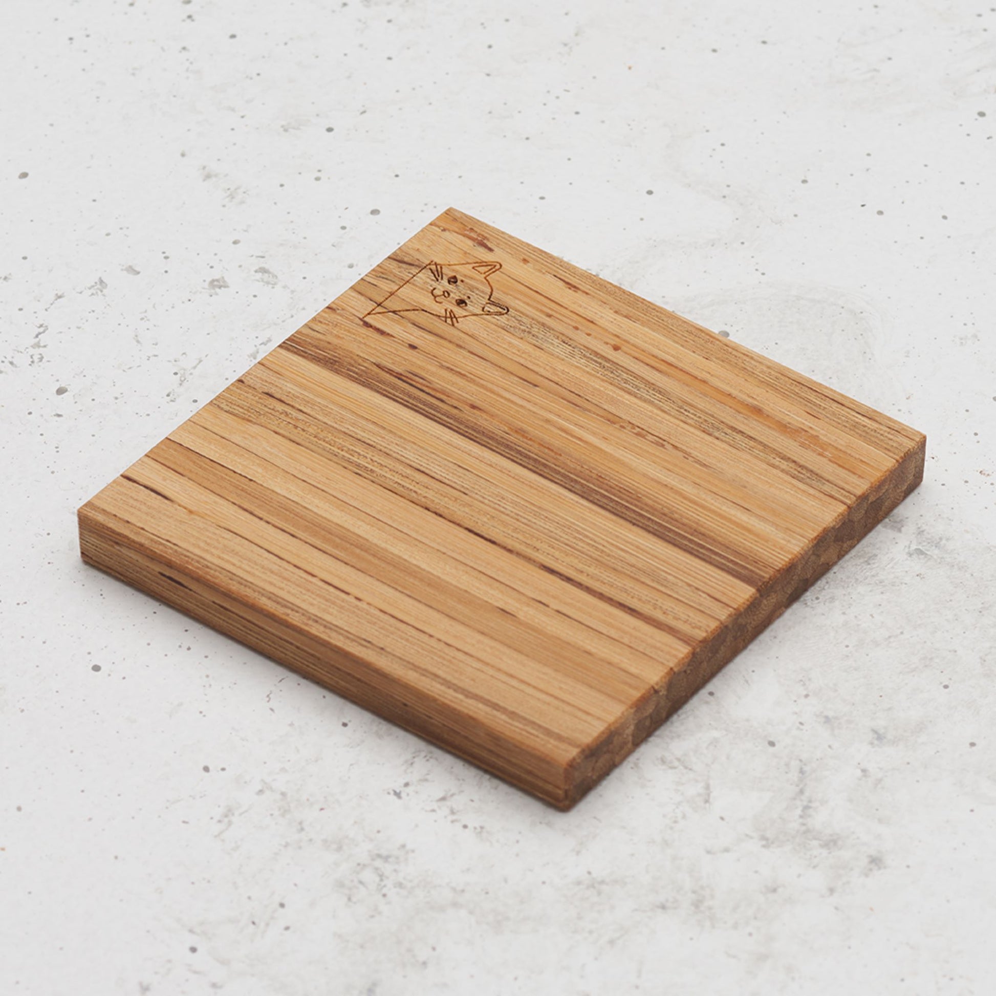 An overhead view of one of the 9 lives cat themed all day every day coasters with a cat's head peeking out from the corner