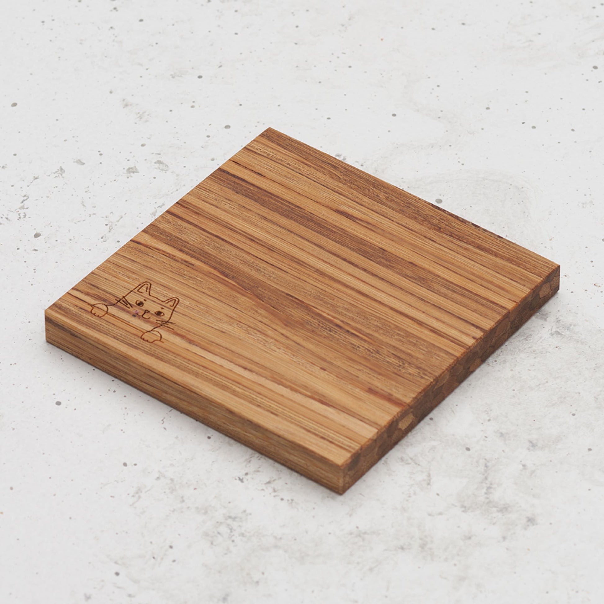 An overhead view of one of the 9 lives cat themed all day every day coasters with a cat's head peeking out from the corner