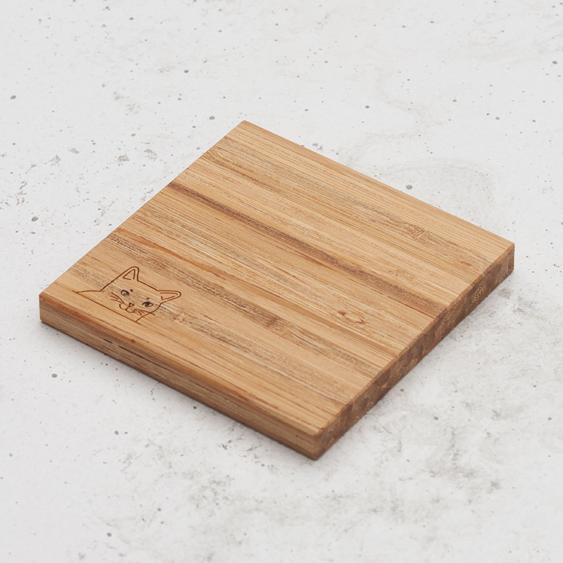 An overhead view of one of the 9 lives cat themed all day every day coasters with a cat's head peeking out from the corner