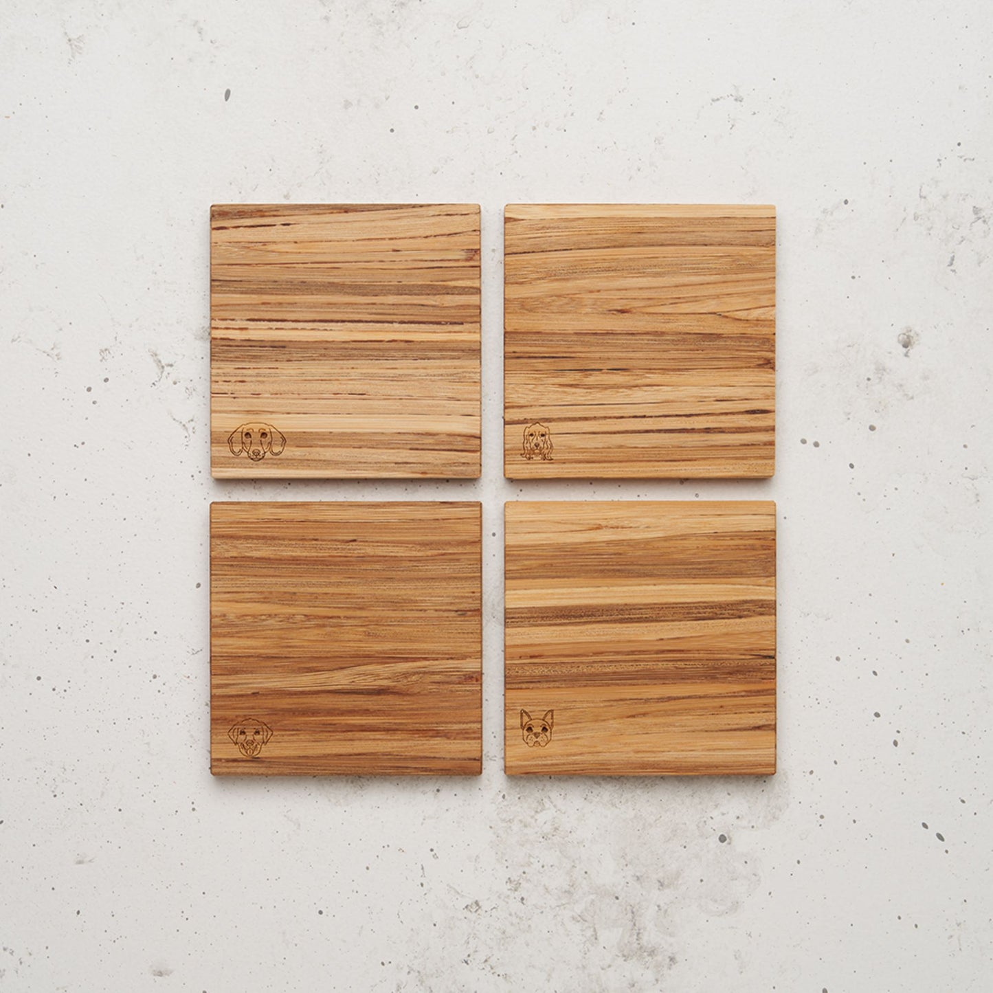 An overhead view of the entire dog themed all day every day coaster set sitting on top of a counter. Each coaster features a different dog's face in the bottom left hand side of the coaster