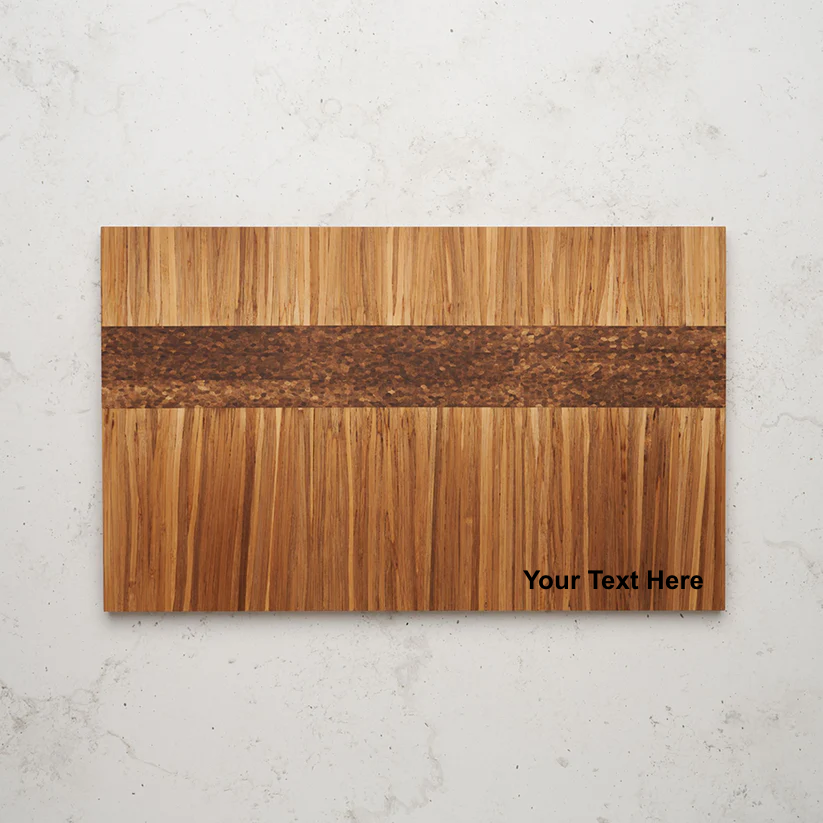 Overhead view of the fast lane serving tray. It features a horizontal band of darker, textured wood (possibly a different species or material like cork) running across the center, and a placeholder text, "Your Text Here," is visible in the bottom right corner.