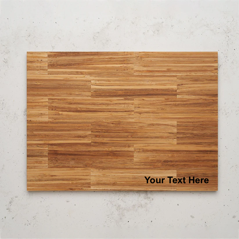 Overhead view of the everyday serving tray. The board has a medium brown color and shows an example text overlay of "Your Text Here" in the bottom right corner, suggesting it is a product customizable with engraving.
