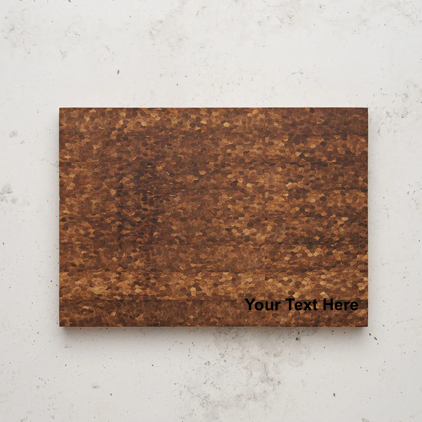 Overhead view of the medium size care to share charceuterie board. The phrase "Your Text Here" is digitally superimposed in black text over the bottom right corner of the board.