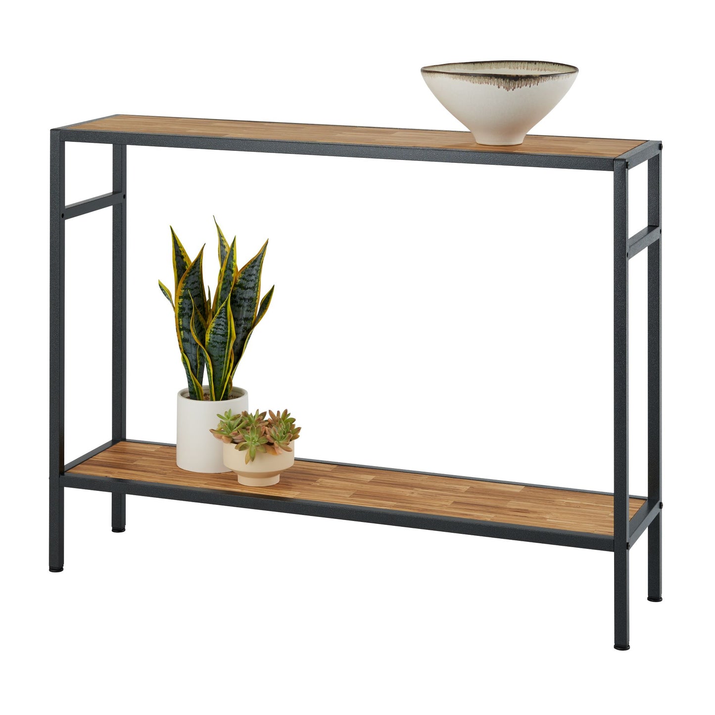 2 tier modern console table with chopstick made top and bottom with items on its shelves