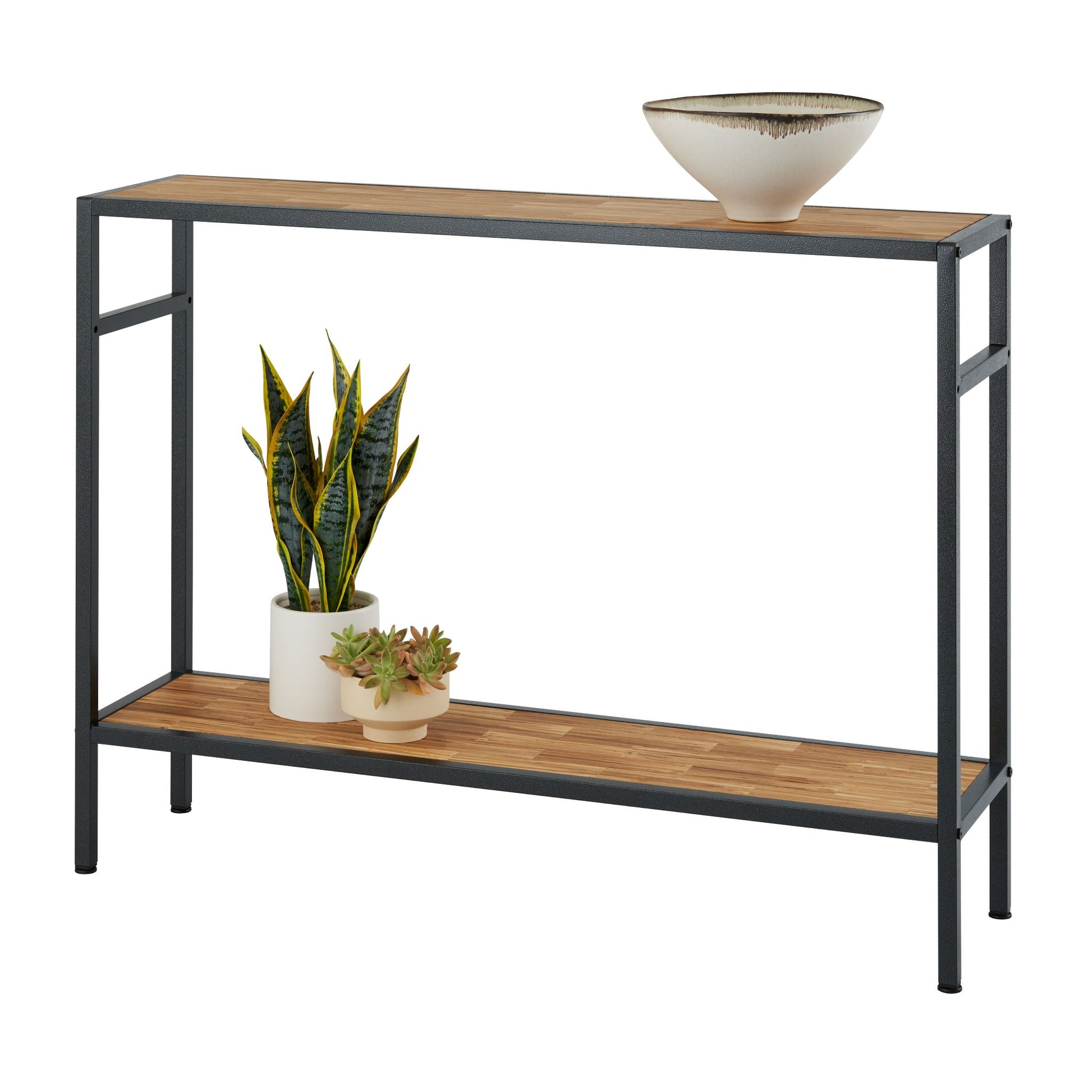 2 tier modern console table with chopstick made top and bottom with items on its shelves