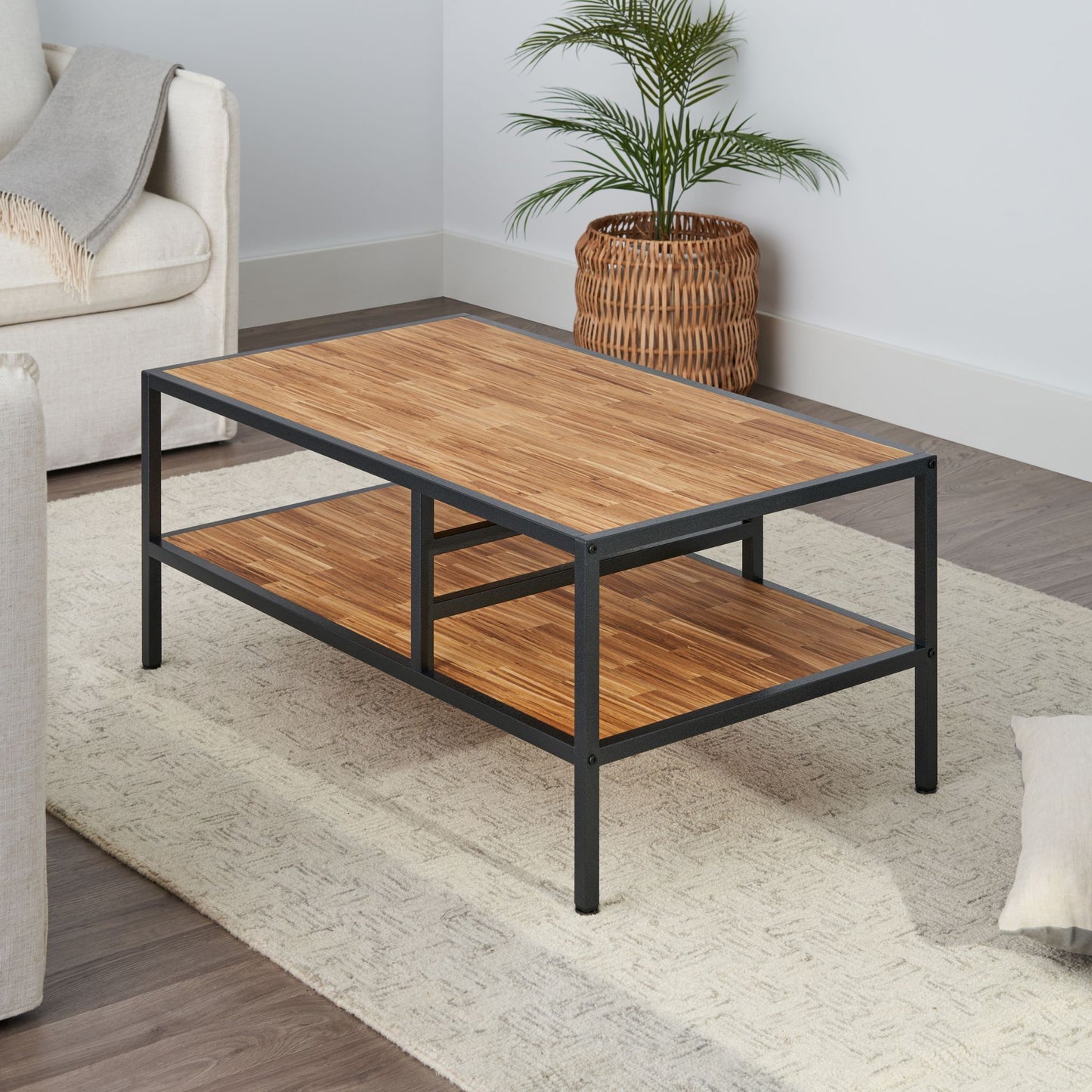 2 tier coffee table in living room with no items on surfaces
