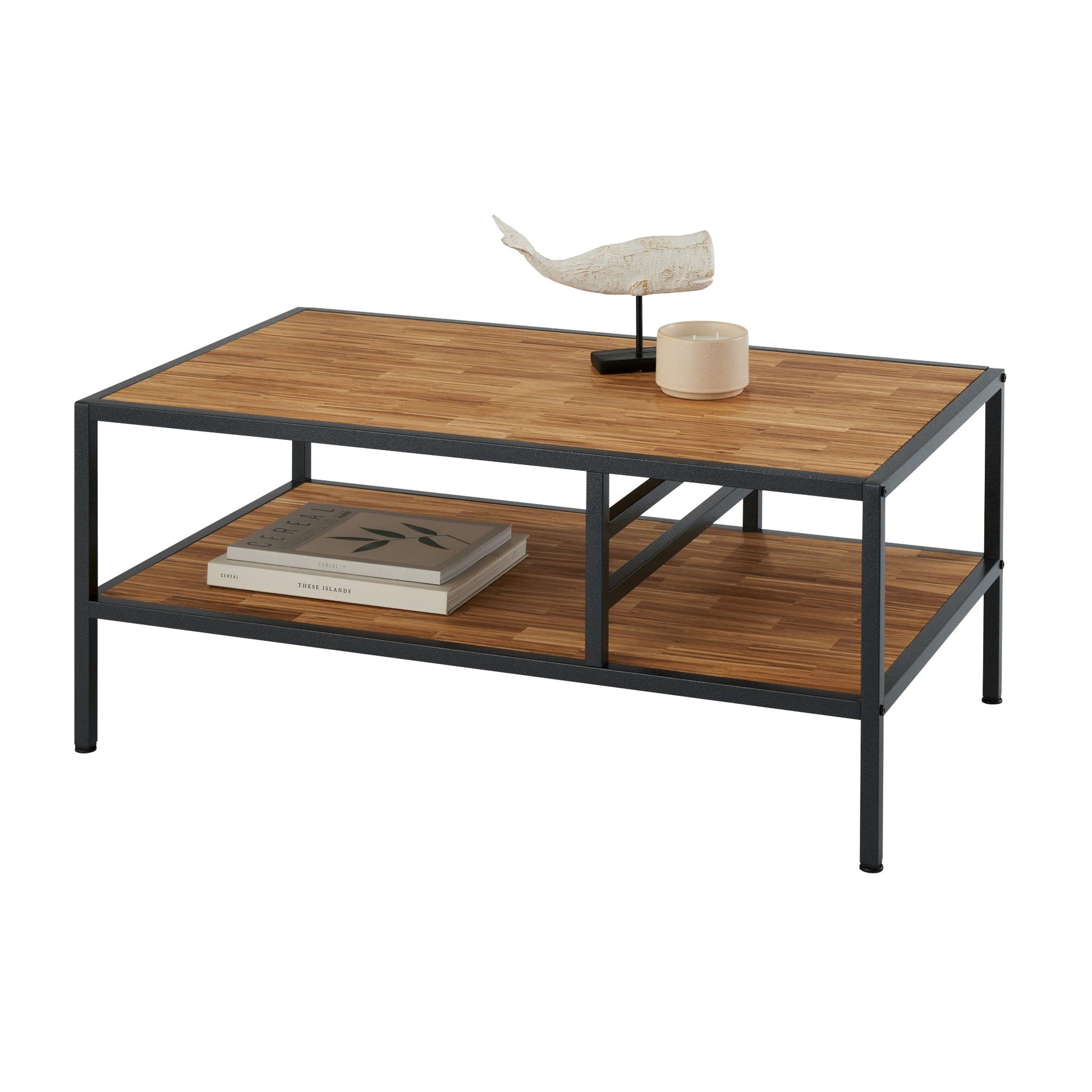 2 tier coffee table featuring chopstick made wood top and shelf with items on its table top and shelf