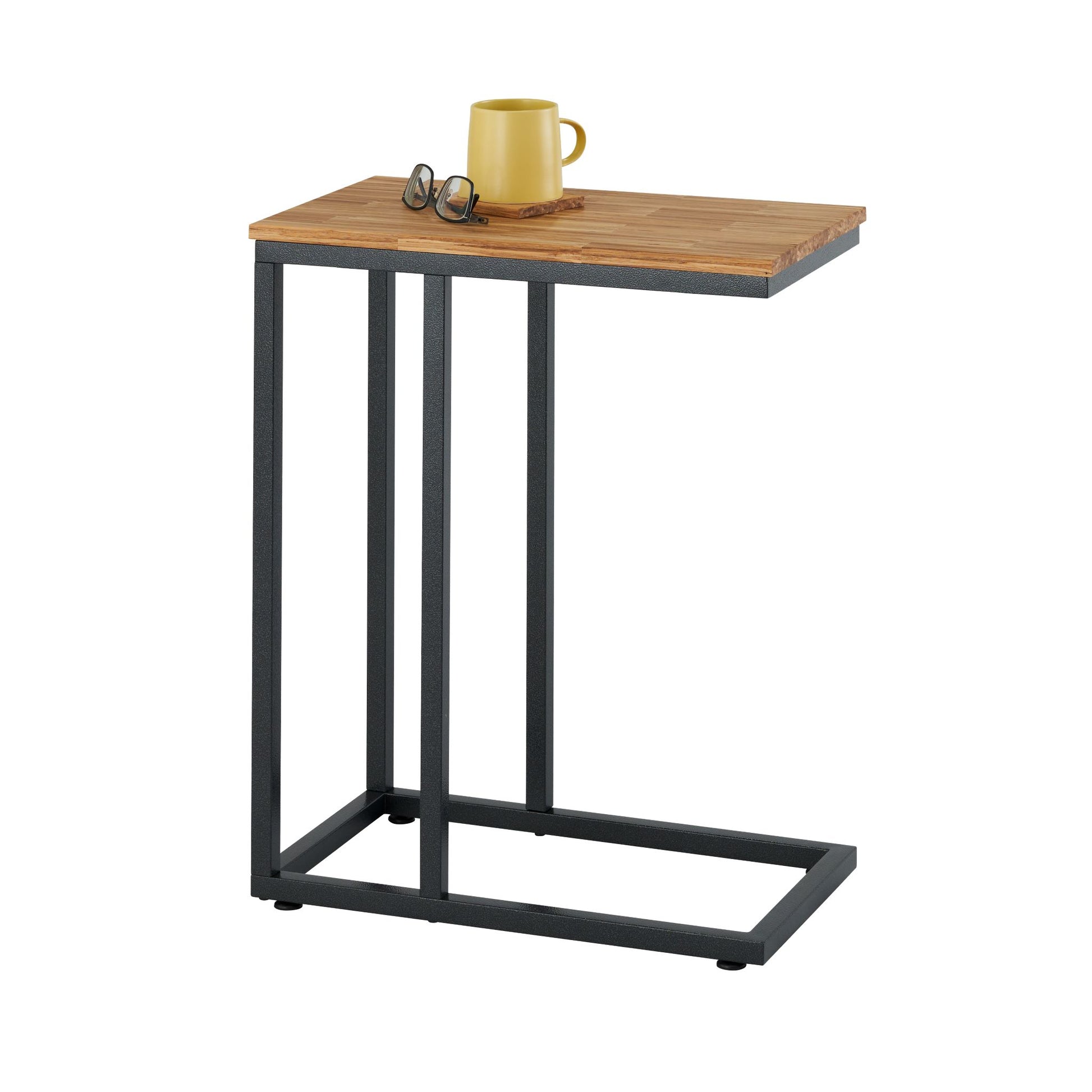 Modern end table with chopstick top with coffee and eyeglasses on top