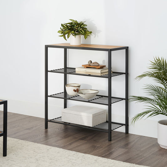 modern four tier shelving rack with chopstick wood top in a living room with items on its shelves