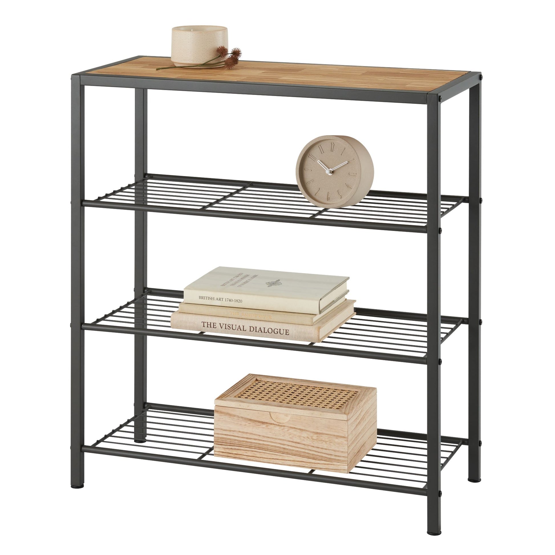 modern four tier shelving rack with chopstick wood top with items on its shelves