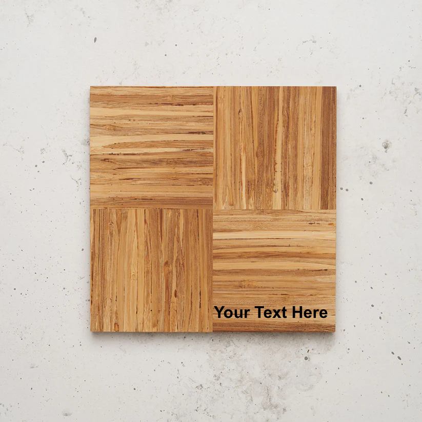 Overhead view of the small smorgas board. The wood grain in each quadrant is oriented differently: horizontal in the top-left and bottom-right, and vertical in the top-right and bottom-left, with the placeholder text "Your Text Here" in the bottom-right section.