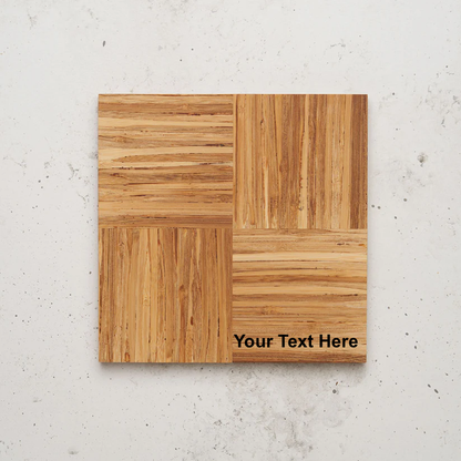 Overhead view of the small smorgas board. The wood grain in each quadrant is oriented differently: horizontal in the top-left and bottom-right, and vertical in the top-right and bottom-left, with the placeholder text "Your Text Here" in the bottom-right section.