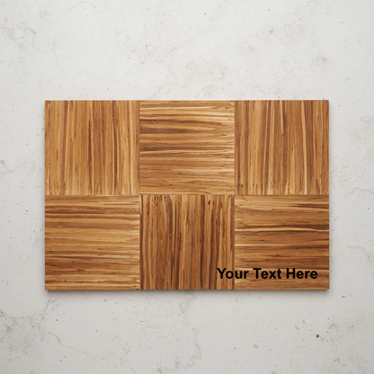 Overhead view of the alternating grain pattern in the large smorgas board. The board features a checkerboard-like pattern where rectangular sections alternate between vertical and horizontal wood grain orientation, with "Your Text Here" overlaid in the bottom right corner.