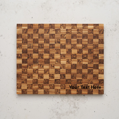 Overhead view of the checkered pattern on the Game Day Sandwich Board. The pattern is made from small squares of two different wood types, displaying varying shades of brown, with the text "Your Text Here" digitally overlaid in the bottom right corner.