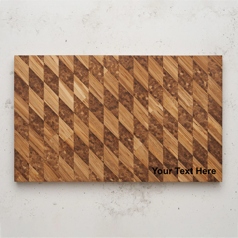 Overhead view of the multi grain bread board. The board is composed of smaller, textured, end-grain pieces; the words "Your Text Here" are faintly visible in the bottom right corner.