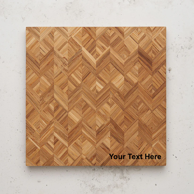 Overhead view of the Wine and dine serving board. The wood is a medium-brown tone with visible grain, and the text "Your Text Here" appears in black in the bottom right corner, suggesting a customizable product.