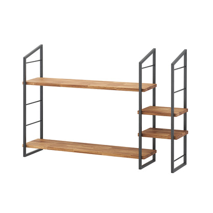 A modern, industrial-style shelving unit featuring two wide, long shelves and two narrower, shorter shelves, all made of natural wood with a visible grain. The shelves are supported by black metal frames with slanted tops, creating a tiered look.