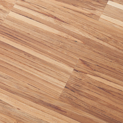 A close-up, diagonal view of warm-toned wood-look in a plank pattern. The planks display varied shades of tan and brown with distinct wood grain lines.