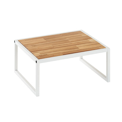 A rectangular riser shelf featuring a light-toned, butcher-block style wood surface set into a minimalist white metal frame. The frame consists of two square-shaped open legs on either side, creating a clean and modern look for organization.
