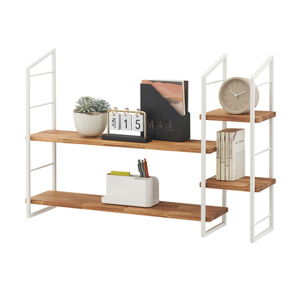 A compact, two-tiered desk shelf with a metal frame and light wood shelves. The shelves are organized with items like books, a small clock, a faux succulent, a perpetual calendar, and desk organizers for mail and pens.